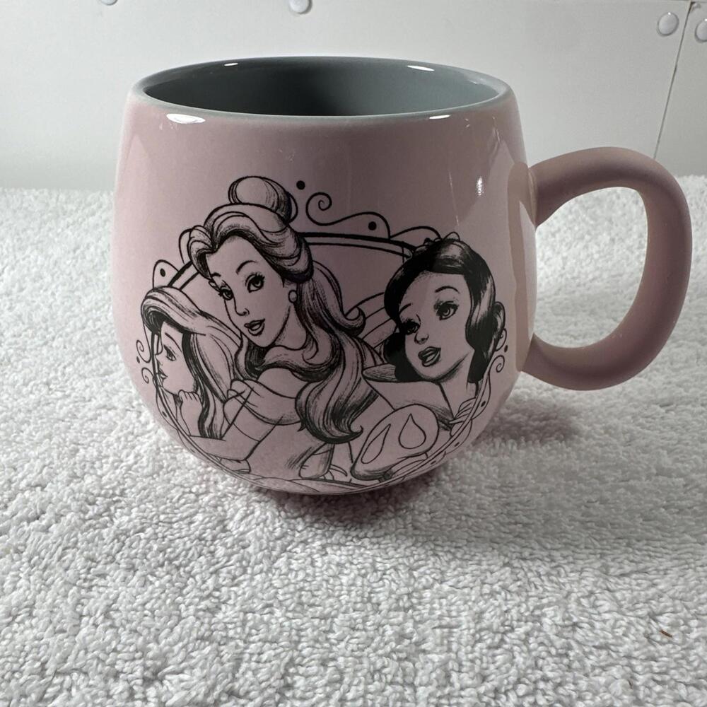 Disney princesses pink gray coffee mug, tiara, Snow White, Little Mermaid, Belle